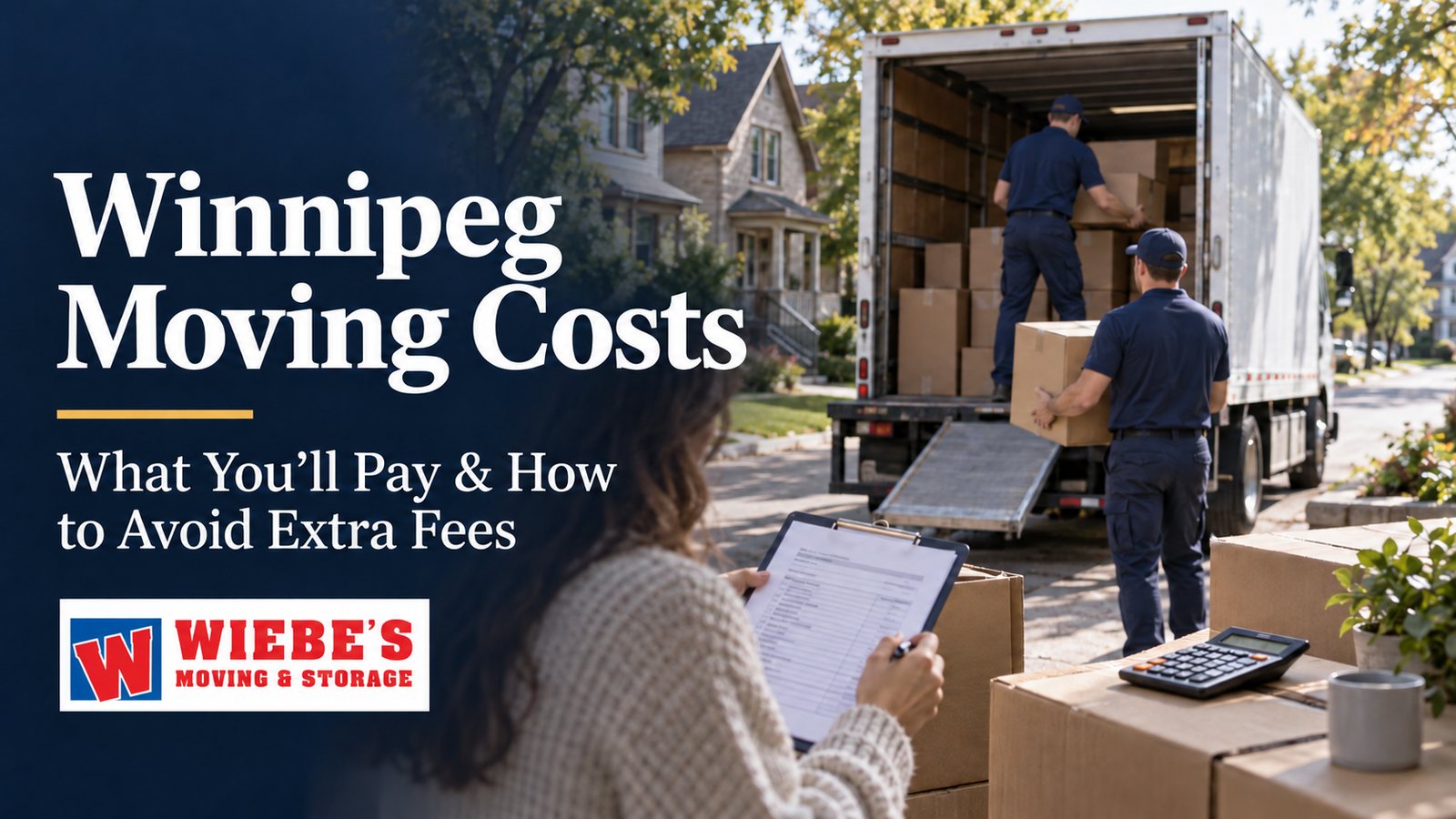 Professional Winnipeg moving team loading boxes into a moving truck, with Wiebe's Moving & Storage branding visible, representing transparent moving costs and quality service