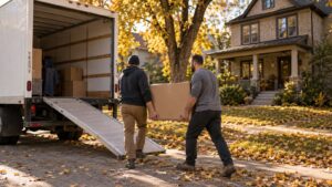 Two movers carrying a box into a moving truck on a residential Winnipeg street in autumn, with fallen leaves and a house in the background