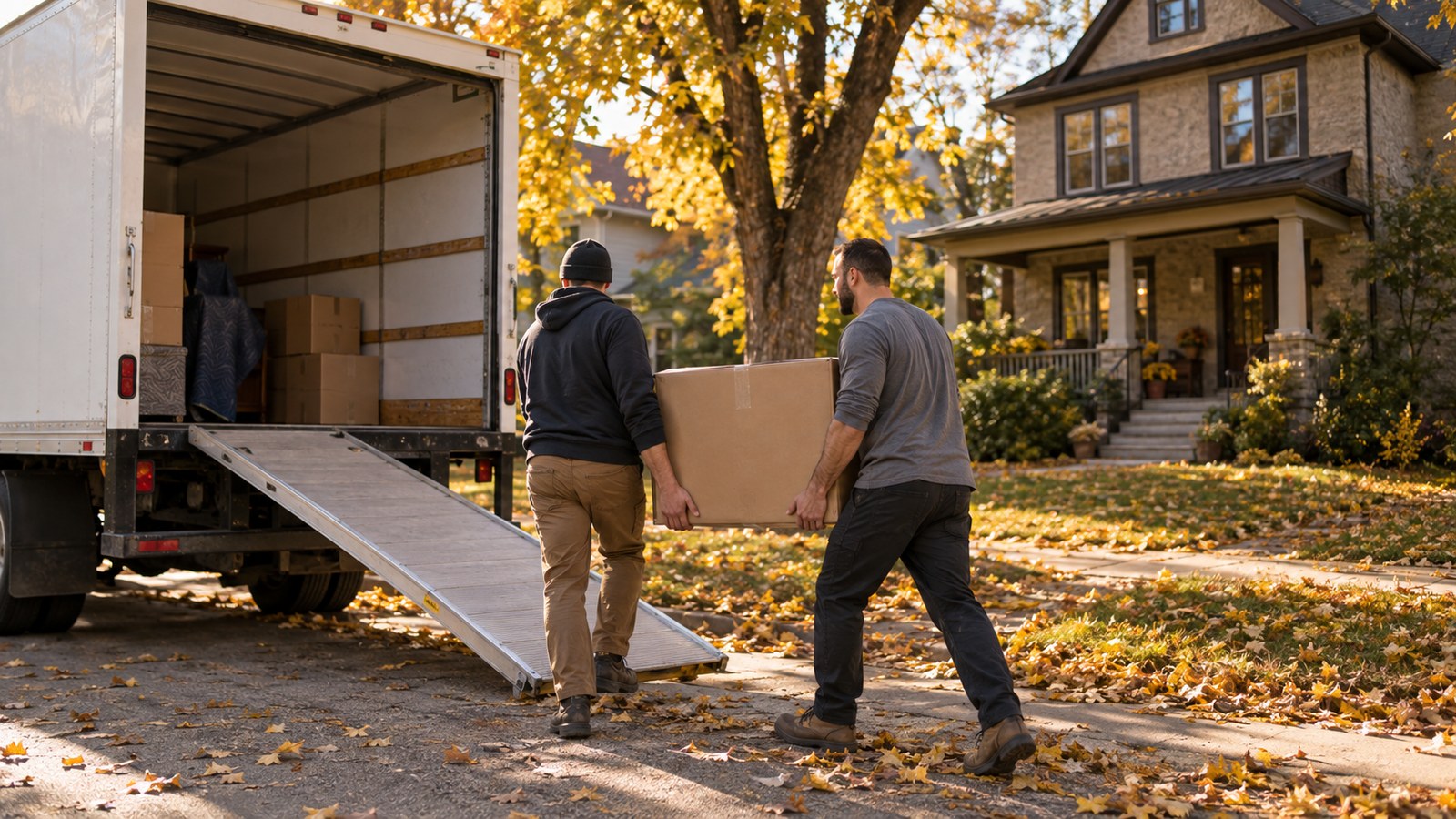 Two movers carrying a box into a moving truck on a residential Winnipeg street in autumn, with fallen leaves and a house in the background